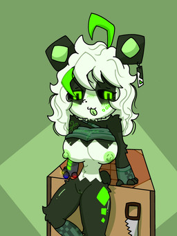 4_fingers anthro big_breasts black_body black_fur black_sclera blush bottomless breasts clothed clothing crafting_table female fingerless_gloves fingers footwear fur fur_markings genitals gloves glowing glowing_eyes green_background green_body green_eyes green_fur green_hair green_nipples hair handwear leg_markings looking_at_viewer markings mostly_nude nipples nude nude_anthro nude_female raised_clothing simple_background socks socks_(marking) solo standing tongue tongue_out vulva white_body white_fur white_hair conditional_dnp xammyxx microsoft minecraft mojang xbox_game_studios fan_character bear giant_panda mammal 2025 3:4 absurd_res cel_shading digital_media_(artwork) hi_res ibispaint_(artwork) shaded signature watermark