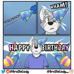 3_panel_comic anthro birthday black_nose brown_eyes clothing confetti_streamer dialogue fur grey_body grey_ears grey_fur grey_hair hair hat headgear headwear instagram_logo male monotone_hair multicolored_body multicolored_fur neck_tuft one_eye_closed onomatopoeia open_mouth party_hat purple_clothing purple_shirt purple_t-shirt purple_topwear reddit_logo shirt shocked solo sound_effects speech_bubble surprise t-shirt text topwear tuft twitter_logo two_tone_body two_tone_fur white_body white_fur broitscody twitter cody_(broitscody) canid canine canis domestic_dog husky mammal nordic_sled_dog spitz 1:1 2023 comic english_text hi_res