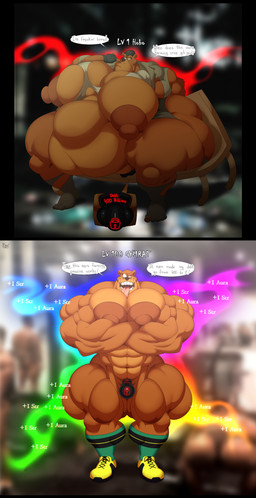 abs anthro aura bulge clothing footwear gymra homeless level_number lock_bulge male moobs muscular muscular_anthro muscular_male nude null null_bulge obese overweight overweight_anthro overweight_male pecs shoes solo text torn_clothing bobthetanuki bonkers_(series) grumbles_grizzly bear mammal absurd_res hi_res