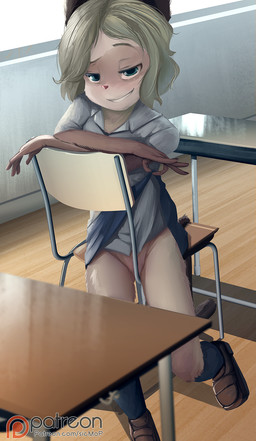 anthro bedroom_eyes bottomwear chair classroom clothed clothing clothing_lift convenient_censorship female flashing flashing_pussy fur furniture hair half-closed_eyes loli looking_at_viewer narrowed_eyes no_underwear on_chair school seductive sitting sitting_backwards sitting_on_chair skirt skirt_lift smile smug solo straddling_chair young young_anthro young_female sicmop felid mammal hi_res