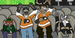 antlers black_hair bottomwear clothed clothing fully_clothed gesture group hair hand_gesture horn jersey middle_finger pants stadium smudo dallas_stars nhl philadelphia_flyers canid canine canis deer domestic_cat felid feline felis hyena mammal spotted_hyena wolf 2012