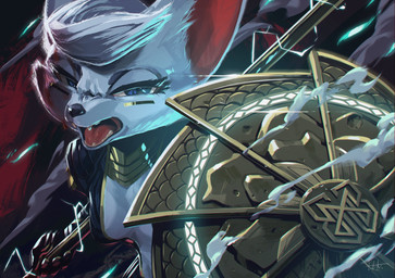 anthro blood bodily_fluids breasts cheek_tuft clothed clothing eyelashes facial_tuft fangs female fingers fur glowing hair half-closed_eyes holding_object holding_weapon looking_at_viewer markings melee_weapon narrowed_eyes open_mouth shield skinsuit solo teeth tight_clothing tongue tuft weapon white_body white_fur white_hair el-k crown_(el-k) canid canine fox mammal digital_media_(artwork) hi_res
