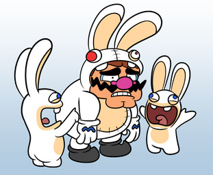 3_fingers ambiguous_anthro ambiguous_gender anthro big_nose black_clothing black_eyebrows black_eyes black_facial_hair black_footwear black_mustache black_shoes blue_eyes brown_hair buckteeth butt clothed clothed_humanoid clothed_male clothing derp_eyes eyebrows facial_hair featureless_crotch featureless_legs fingers footwear fully_clothed fully_clothed_humanoid fully_clothed_male fur gloves gradient_background group hair handwear larger_humanoid larger_male laugh laughing_at lidded_eyes long_ears looking_at_another male mitten_hands multicolored_body mustache no_eyebrows noseless nude_ambiguous nude_anthro open_mouth open_smile overweight overweight_humanoid overweight_male purple_nose raised_arms red_tongue seam_(sewing) shoes short_legs simple_background size_difference smaller_ambiguous smaller_anthro smile smiling_at_another standing tan_body tan_eyelids tan_inner_ear tan_skin teeth thick_eyebrows tongue trio two_tone_body white_body white_clothing white_costume white_fur white_gloves white_handwear worried_look crispytoastyt mario_bros nintendo raving_rabbids rayman_(series) ubisoft wario humanoid lagomorph mammal rabbid 2020 absurd_res crossover digital_drawing_(artwork) digital_media_(artwork) english_description flat_colors hi_res shaded