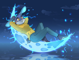 anthro barefoot biped blue_bottomwear blue_clothing blue_pants bottomwear breasts clothed clothing cloud eyewear feet female fully_clothed glasses hands_behind_head laid_back lying moon on_back pants pink_nose reflection sky solo sweater tail topwear water yellow_clothing yellow_sweater yellow_topwear tekilao lagomorph leporid mammal rabbit absurd_res digital_media_(artwork) hi_res shaded