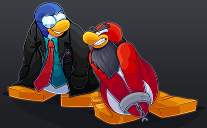 accessory anthro beard black_beard black_clothing black_coat black_facial_hair black_topwear blue_body blue_clothing blue_fur blue_shirt blue_topwear chain clenched_teeth clothed clothing coat duo eyewear facial_hair fur glasses grey_background looking_at_another male necktie open_clothing open_coat open_topwear red_body red_fur red_necktie round_eyewear shirt simple_background teeth text topwear ymuy club_penguin captain_rockhopper gary_the_gadget_guy avian bird penguin 2026 absurd_res artist_name hi_res