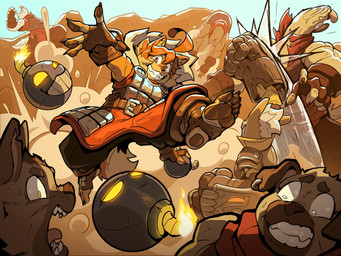 5_fingers 5_toes ahoge anthro armor bodily_fluids bomb claws clenched_teeth clothing dust_cloud explosives face_punch feet female fight finger_claws fingerless_gloves fingerpads fingers gauntlets_(weapon) gloves grin group hair handwear heel_pad humanoid_feet humanoid_hands male metal_armor midair motion_path open_mouth pawpads plantigrade plantigrade_pawpads punch smile soles stirrup_footwear sweat teeth throwing toe_claws toes tongue yellow_eyes ceehaz dog_knight_rpg maci_(ceehaz) nix_(ceehaz) canid canine canis domestic_dog herding_dog mammal pastoral_dog pomeranian spitz welsh_corgi 2026 4:3 absurd_res hi_res