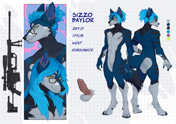 anthro blue_body blue_hair digitigrade_paws ear_piercing ear_ring eyewear frenum_ladder frenum_piercing genital_piercing genitals glasses green_eyes gun hair ladder_piercing male multicolored_body nude penis penis_piercing piercing ranged_weapon rifle ring_piercing scope snout solo tail text weapon wearing_glasses anonymous_artist sizzo_baylor canid canine canis mammal wolf english_text hi_res model_sheet