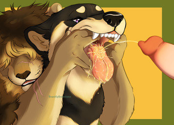 animal_genitalia animal_penis anthro bodily_fluids canine_genitalia canine_penis drinking drinking_urine duo genital_fluids genitals male male/male mouth_held_open mouth_hold open_mouth peeing penis scar teeth teeth_showing tongue tongue_out urine urine_in_mouth urine_on_face urine_stream watersports beastlygemstone canid canine canis domestic_dog felid lion mammal pantherine shiba_inu spitz hi_res