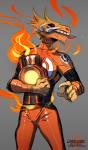 anthro bodily_fluids claws clothing dot_eyes drooling fire fur gesture grey_background hand_gesture holding_object male orange_body orange_fur pointing saliva simple_background solo standing suit tongue tongue_out tusks furikake dc_comics green_lantern_(series) orange_lantern larfleeze alien 2018