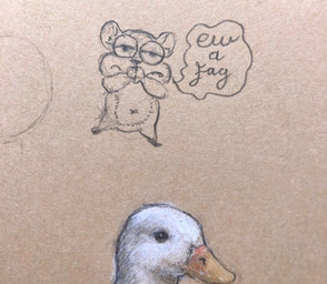 anthro dialogue duo ears_up feral half-closed_eyes hands_on_mouth hate homophobia homophobic_slur male narrowed_eyes navel speech_bubble text reynard_goodfellow anatid anseriform avian bird duck mammal mouse murid murine rodent monochrome