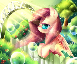 blue_eyes blush bubble cherry detailed_background feathered_wings feathers female feral food fruit fur hair long_hair nature outside plant solo sun tree wings yellow_body yellow_feathers yellow_fur aquagalaxy friendship_is_magic hasbro my_little_pony mythology fluttershy_(mlp) equid equine mammal mythological_creature mythological_equine pegasus 2013 absurd_res hi_res