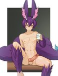 big_ears container cup erection fox_ears fur genitals horn inner_ear_fluff knot male markings mug multi_tail nude penis purple_body purple_fur sitting solo spread_legs spreading tail teal_eyes tuft whisker_markings sulcate trials_in_tainted_space mitch_(tits) animal_humanoid canid canid_humanoid canine canine_humanoid fox fox_humanoid horned_humanoid humanoid mammal mammal_humanoid sionach tailed_humanoid absurd_res hi_res