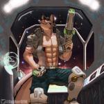 1:1 2019 abs absurd_res anthro biceps bulge canid canine canis clothed clothing dobbernsfw fur gun hair hi_res holding_gun holding_object holding_ranged_weapon holding_weapon male mammal muscular muscular_anthro muscular_male nintendo pecs ranged_weapon smile solo space star star_fox weapon wolf