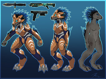 3_fingers 3_toes anthro arm_feathers arm_tuft beak blue_body blue_feathers breasts claws digitigrade feather_hair feathered_crest feathers featureless_crotch feet female finger_claws fingers full_armor grey_body grey_scales gun handgun head_crest knife nude pistol pseudo_hair ranged_weapon scales sharp_teeth shotgun simple_background small_breasts solo standing teeth toe_claws toes tuft weapon rainey_(artist) halo_(series) microsoft xbox_game_studios fan_character k'ryn_hy_t'zek alien avian kig-yar scalie t'vaoan 4:3 colored hi_res model_sheet