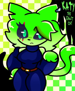 :< anthro arm_warmers armwear black_sclera breasts checkered checkered_background clothing ear_piercing eyebrows eyelashes female fur green_body green_eyes green_fur medium_breasts multicolored_body multicolored_fur pattern_background piercing scar simple_background simple_coloring solo standing sweater text topwear turtleneck chipiskully_zzz katy_(chipiskully) domestic_cat felid feline felis ghost mammal spirit 2025 colored digital_drawing_(artwork) digital_media_(artwork) english_text portrait shaded simple_shading three-quarter_portrait