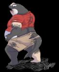 anthro barefoot biped black_background bottomwear captainjusticevirtsuoso cetacean clothing dolphin feet hand_on_belly hand_on_head hi_res male mammal manly marine mature_male obese obese_anthro obese_male oceanic_dolphin open_mouth orca overweight overweight_anthro overweight_male pants pose rear_view shirt simple_background solo teeth tongue toothed_whale topwear transformation white_eyes