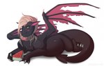 black_body black_scales blonde_hair cake cheesecake claws dessert dinkysaurus dragon female feral food galis green_eyes grey_claws hair hi_res mythological_creature mythological_scalie mythology pink_tongue scales scalie scaly_tail solo tail tongue