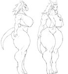 5_fingers anthro big_breasts bikini bikini_top biped bottomless breasts cleavage clothed clothing female fingers hair holding_breast horn simple_background solo standing swimwear thick_thighs two-piece_swimsuit white_background wide_hips audunor scalie 2019 digital_media_(artwork) monochrome