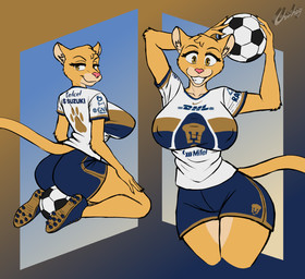 anthro ball big_breasts bottomwear breasts brown_eyes butt cleats clothing collarbone eyebrows eyelashes female footwear fur inner_ear_fluff kneeling mascot nipple_outline shirt shoes shorts side_boob soccer_ball soccer_jersey soccer_uniform solo sportswear tan_body tan_fur topwear tuft uniform wide_hips chisheq club_universidad_nacional dhl liga_mx nike suzuki goya_(pumas_unam) cougar felid feline mammal 2026 hi_res
