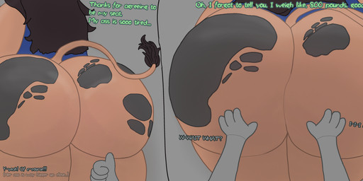 ambiguous_gender anthro big_butt brown_hair butt butt_crush butt_smother butt_squish facesitting facesitting_pov female hair huge_butt ignoring_another sitting sitting_on_another size_difference smothering squish text willing_to_unwilling avulara larissa_(avulara) bovid bovine mammal absurd_res english_text hi_res long_image wide_image