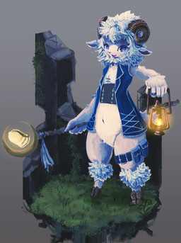 ambiguous_gender anthro biped blue_eyes blush clothing ear_piercing fur hair horn jacket kemono lamp lantern looking_at_viewer navel open_mouth piercing ring simple_background smile solo staff standing topwear white_hair bovid caprine domestic_sheep mammal sheep absurd_res hi_res