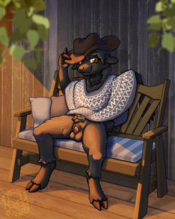 animal_genitalia animal_penis anthro balls bench black_body black_fur bottomless bovine_genitalia bovine_penis clothed clothing cowboy cowboy_hat crotch_tuft depth_of_field flaccid fluffy fluffy_hair fur genitals hair hat headgear headwear hooves light looking_at_viewer male outside partially_clothed penis poncho porch pubes sheath solo sunbathing sunlight sunset tuft warm_lighting western wild_west rammypaws bovid bovine caprine mammal sheep 4:5 absurd_res hi_res warm_colors