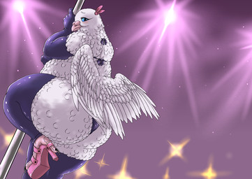 anthro armwear beak big_breasts bikini biped blue_eyes breasts butt cere_(anatomy) clothed clothing dancing elbow_gloves feathered_wings feathers female footwear gloves handwear high_heels legwear looking_at_viewer non-mammal_breasts overweight overweight_anthro overweight_female pole pole_dancing shoes slightly_chubby solo swimwear thick_thighs thigh_highs two-piece_swimsuit wings bubonikku avian bird columbid dove 2015 hi_res