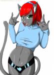 anthro clothing crop_top female fur green_eyes grey_body grey_fur hair looking_at_viewer navel open_mouth panties red_hair shirt simple_background solo topwear underwear white_background gtoyaannno bobby_gray domestic_cat felid feline felis mammal 2013 absurd_res hi_res