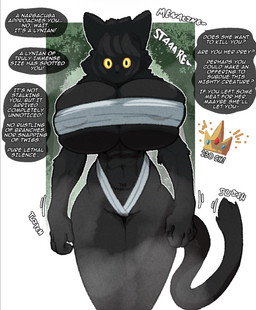 abs anthro bandeau big_breasts black_body black_fur black_hair breasts cleavage clothed clothed_anthro clothed_female clothing dialogue female fur hair huge_breasts looking_at_viewer muscular muscular_anthro muscular_female solo speech_bubble stated_height tail text thick_thighs topwear under_boob yellow_sclera thevarking capcom monster_hunter felid feline lynian mammal 2025 english_text hi_res