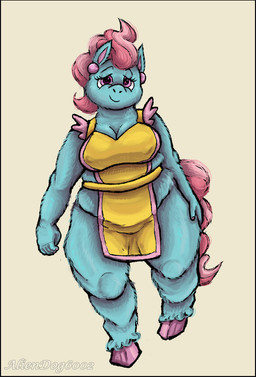 anthro anthrofied apron apron_only black_border blue_body blue_fur border breasts cleavage clothed clothing ear_piercing ear_ring female fur hair hooves mature_female nipple_outline overweight overweight_anthro overweight_female piercing pink_eyes pink_hair ring_piercing simple_background slightly_chubby smile solo unguligrade white_background aliendog6002 friendship_is_magic hasbro my_little_pony mrs._cake_(mlp) earth_pony equid equine horse mammal pony hi_res