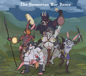 anthro big_breasts blood blood_on_hand bodily_fluids bodypaint bottomwear breasts clothing female huge_breasts jewelry loincloth male markings mostly_nude size_difference tribal tribal_jewelry tribal_markings war_dance weapon guayo venny_nykopp american_opossum canid canine canis lagomorph leporid mammal marsupial rabbit virginia_opossum wolf absurd_res hi_res