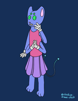 2_tails 4_arms 4_eyes 4_fingers ambiguous_gender anthro blue_body bottomwear cartoon_gloves clothing digitigrade fingers gloves gradient gradient_tail green_eyes handwear multi_arm multi_eye multi_limb multi_tail nervous pink_nose purple_bottomwear purple_clothing purple_skirt red_clothing red_shirt red_tank_top red_topwear sharp_teeth shirt skirt solo spade_tail tail tank_top teeth topwear white_clothing white_gloves white_handwear cheshire_draws_stuff alpha_channel signature