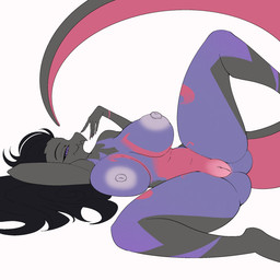 anthro areola belly belly_markings black_body black_hair black_tail female genitals hair jagged_mouth leg_markings long_hair lying markings nipples on_back pink_markings pink_tail purple_eyes purple_markings purple_sclera simple_background solo spread_legs spreading tail vulva white_areola white_background white_nipples crystalina nintendo pokemon fan_character salem_(ballad) generation_7_pokemon pokemon_(species) salazzle 1:1 2026 hi_res