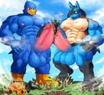 absurd_res anthro avian balls big_balls big_penis bird blue_body blue_fur canid canine city cloud destruction digitigrade duo erection explosion falco_lombardi frottage fur generation_4_pokemon genitals giga hi_res huge_balls huge_penis landscape_dwarfing lucario macro macro_on_macro male male/male mammal mayar muscular muscular_anthro muscular_male nintendo nipples outercourse pecs penile penis pokemon pokemon_(species) sex smile smoke spines star_fox stomping tail thick_penis