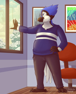 3_toes 4_toes 5_fingers anisodactyl anthro barefoot beak black_beak black_body black_claws black_feathers black_scutes blue_body blue_clothing blue_eyes blue_feathers blue_sky blue_sweater blue_topwear bottomwear chest_tuft chin_tuft claws clothing countershade_torso countershading facial_markings facial_tuft feathers feet finger_claws fingers floor gradient_sky grey_bottomwear grey_clothing grey_pants hand_on_hip hand_on_window head_markings head_tuft inside male markings one_eye_obstructed overweight overweight_anthro overweight_male pants plant purple_wall reflection scuted_feet scuted_hands scutes shadow sky snow solo standing sweater tail tail_feathers toe_claws toes topwear tree tuft white_body white_cloud white_feathers window wood wood_floor yellow_sky jayheartwing avian bird blue_jay corvid jay_(bird) new_world_jay oscine passerine 2025 hi_res