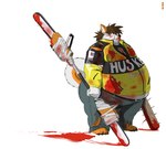 anthro bat_(object) blood bodily_fluids chainsaw holding_melee_weapon holding_object holding_weapon male melee_weapon morbidly_obese morbidly_obese_anthro morbidly_obese_male nailed_bat obese obese_anthro obese_male overweight overweight_anthro overweight_male polearm power_tool solo tools weapon gillpanda dead_rising_2 canid canine canis domestic_dog husky mammal nordic_sled_dog spitz warm_colors