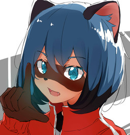 5_fingers anthro black_nose blue_eyes blue_hair brown_body brown_fur clothed clothing cute_fangs fangs female fingers fully_clothed fur hair jacket looking_at_viewer open_mouth solo teeth topwear translucent translucent_hair ku7ni brand_new_animal studio_trigger michiru_kagemori canid canine mammal raccoon_dog tanuki