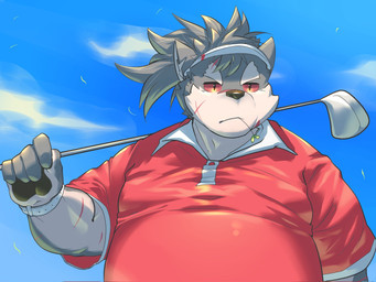 anthro clothing eyebrows fur golf_club grey_body grey_fur hat headgear headwear male overweight overweight_male red_eyes scar solo thick_eyebrows visor_cap bawp lifewonders tokyo_afterschool_summoners shino_(tas) canid canine canis domestic_dog mammal 4:3 hi_res