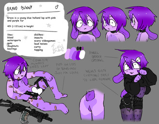 :3 alternative_fashion anthro backsack balls band-aid bandage black_bottomwear black_clothing black_shirt black_shorts black_topwear bottomwear butt clothing femboy fur gender_symbol genitals goth grey_background gun hair handgun holding_gun holding_handgun holding_object holding_pistol holding_ranged_weapon holding_weapon male male_symbol mall_goth pistol purple_body purple_fur purple_hair ranged_weapon shirt shorts simple_background solo symbol text topwear weapon bravobunny bravo_(bravobunny) lagomorph leporid mammal rabbit character_name english_text model_sheet