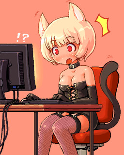 animal_tail armwear black_body black_fur blonde_hair blush breasts cat_tail chair cleavage clothed clothing computer_mouse corset elbow_gloves electronics female fur furniture gloves hair handwear keyboard lingerie monitor motion_lines pink_background raised_tail red_eyes short_hair simple_background sitting solo tail tan_body tan_skin topwear yellow_body yellow_fur shigatake animal_humanoid cat_humanoid felid felid_humanoid feline feline_humanoid humanoid mammal mammal_humanoid 4:5 low_res