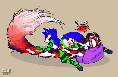 anthro aroused big_tail blush bodily_fluids butt butt_grab duo female genital_fluids hand_on_butt hot_dogging lying male male/female on_back paws pillow sex sparklefur stretched_anus tail vaginal_fluids wet sammehchub sam_(sammehchub) zephyr_(zephyrkoiboi) amur_carp aquatic canid canine canis carp cyprinid cypriniform fish koi mammal typical_carp wolf hi_res