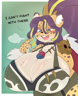 anthro big_breasts black_body black_fur blonde_highlights blue_eyes blush blush_lines bra breasts cleavage clothed clothing dialogue female fur hair highlights_(coloring) huge_breasts jewelry markings multicolored_hair necklace purple_hair solo spots spotted_body spotted_fur text underwear yellow_body yellow_fur inazuma_kat konami yu-gi-oh! vanquish_soul_vs_panthera felid jaguar mammal pantherine character_request english_text hi_res