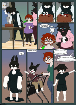3_toes age_regression age_transformation anthro apode barefoot biped birthday birthday_candle black_body black_fur black_hair blue_eyes bottomless bottomless_anthro breasts brown_eyes candle clothed clothed_anthro clothing countershade_face countershade_fur countershade_neck countershade_torso countershading detailed_background dialogue digitigrade duo_focus feet female front_view fully_clothed fully_clothed_anthro fur gesture gradient_background grey_body group hair hand_gesture legless male onomatopoeia orange_eyes oversized_clothing paws pink_nose pointing red_hair simple_background sitting sound_effects speech_bubble standing text toddler toes white_body white_countershading white_fur yellow_sclera young young_anthro young_male halcy0n haley_baxter lumine_(luminethewolf767) lagomorph leporid mammal rabbit 2024 colored comic english_text hi_res