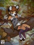 anthro band-aid bandage biped clothed clothing detailed_background eyes_closed female forest jewelry necklace plant sitting smile solo tree sharley deer mammal hi_res