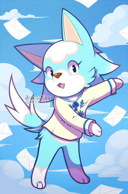 anthro barefoot black_eyes black_nose blue_body blue_ears blue_fur blue_tail bottomless brown_nose clothed clothing cloud envelope eyelashes featureless_crotch feet female fur letter looking_at_viewer multicolored_body multicolored_fur multicolored_tail open_mouth pink_tongue raised_arm shirt sky solo standing tail tan_body tan_fur tan_tail tongue topwear white_body white_fur white_tail dracooties animal_crossing nintendo skye_(animal_crossing) canid canine canis mammal wolf 2020 full-length_portrait portrait
