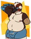 anthro armpit_hair beak belly_overhang bent_arm black_beak black_eyebrows blue_boxers blue_clothing blue_eyes blue_markings blue_underwear body_hair boxers_(clothing) brown_armpit_hair brown_body brown_feathers cheek_tuft clothed clothing eyebrows facial_tuft feather_markings feathers genitals hand_behind_head male markings missing_arm multicolored_body multicolored_feathers navel nervous_smile nipples orange_background overweight overweight_anthro overweight_male pecs penis penis_poking_out pink_nipples pink_penis pupils red_tongue simple_background solo standing text thick_thighs tongue topless topless_anthro topless_male tuft underwear white_body white_feathers white_pupils dekudog avian bird coraciiform kingfisher kookaburra 2025 artist_name colored digital_drawing_(artwork) digital_media_(artwork) english_description half-length_portrait portrait shaded simple_shading