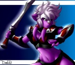 anthro armor athletic athletic_anthro athletic_female breasts cleavage clothed clothing female frown gem glowing green_gem hair head_plate head_tails holding_melee_weapon holding_object holding_sword holding_weapon melee_weapon purple_body purple_skin red_eyes red_nose solo sword warrior weapon white_hair damnevildog tabitha_terleir kraskit mammal 2013 absurd_res hi_res signature