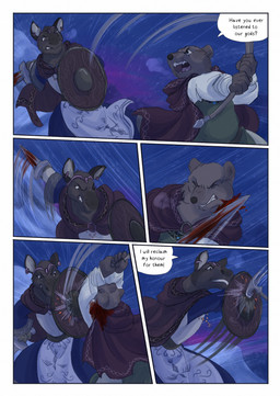 anthro biped blood blood_on_weapon bodily_fluids brown_body brown_fur clothed clothing dialogue dialogue_box duo female fight fur hammer horn melee_weapon motion_lines night outside snow snowing speech_bubble sword text tools warhammer weapon wind bjekkergauken hillevi hjordis bear brown_bear deer mammal moose new_world_deer ursine 2025 colored comic english_text hi_res