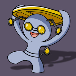 black_background black_ears black_tail coin empty_eyes grey_body holding_coin holding_object male not_furry open_mouth open_smile pink_tongue red_mouth simple_background smile solo tail three-quarter_view tongue yellow_eyes nyazuliart nintendo pokemon generation_9_pokemon gimmighoul gimmighoul_(roaming_form) humanoid pokemon_(species) 1:1 2022 cel_shading colored digital_media_(artwork) hi_res shaded