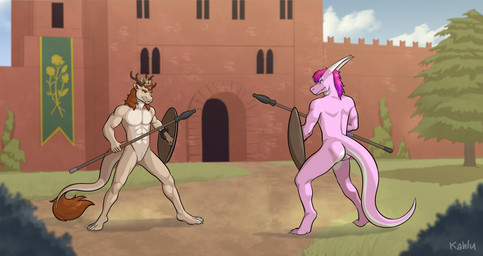 abs animal_genitalia anthro antlers athletic athletic_anthro athletic_male banner barefoot castle casual_nudity claws crown duo feet fight garden genital_slit genitals headgear horn male male/male mane medieval melee_weapon muscular muscular_male nude nudist plant polearm prince royalty shield shrub smile spear tail tail_tuft tasteful_nudity tuft wall_(structure) weapon kahlu mythology prince_borgon siegfried_(thataustrian) dragon mythological_creature mythological_scalie scalie absurd_res hi_res story story_in_description